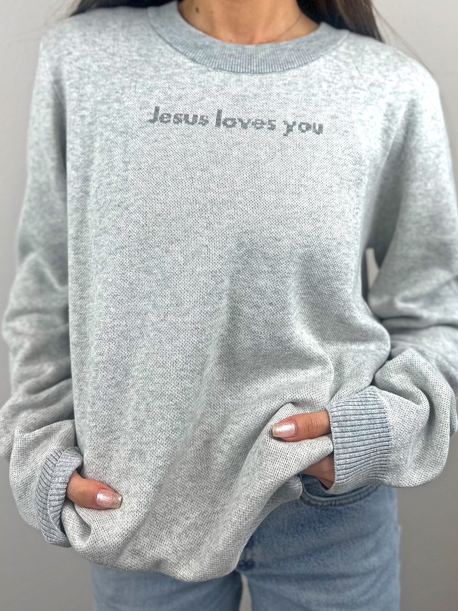 Unisex ‘Jesus Loves You’ Knitted Sweater | Grey product image (2)