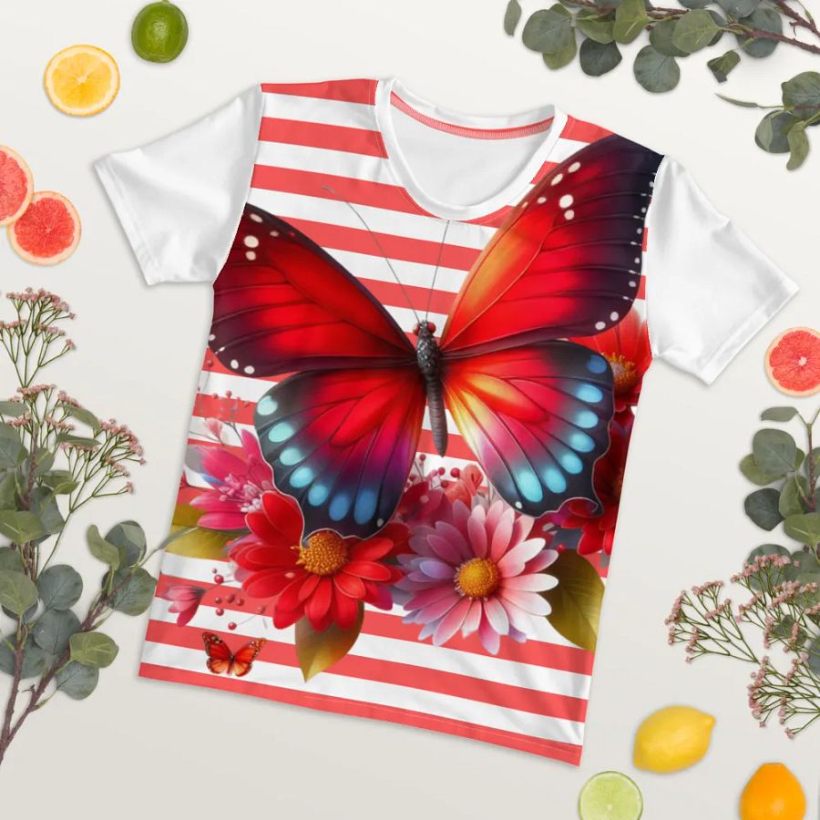 Vibrant Butterfly Paradise Red Stripped Women's T-Shirt product image (7)