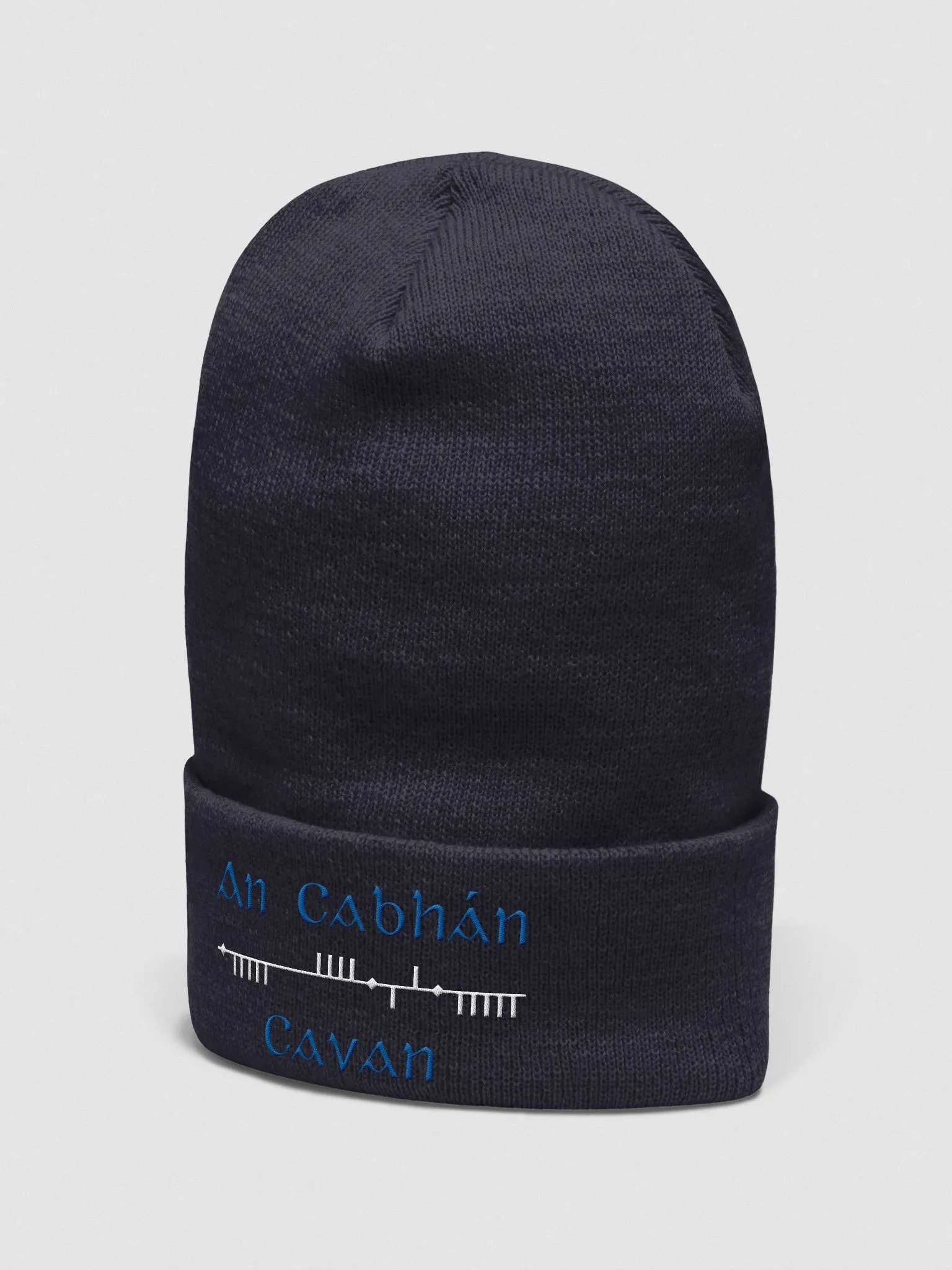 Cavan/An Cabhán, Blue and White, Scholastic Style Ogham embroidered Cuffed Beanie product image (1)