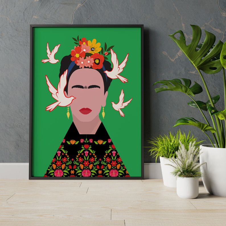 Frida Kahlo with Birds Folk Art Illustration Colorful Poster product image (9)