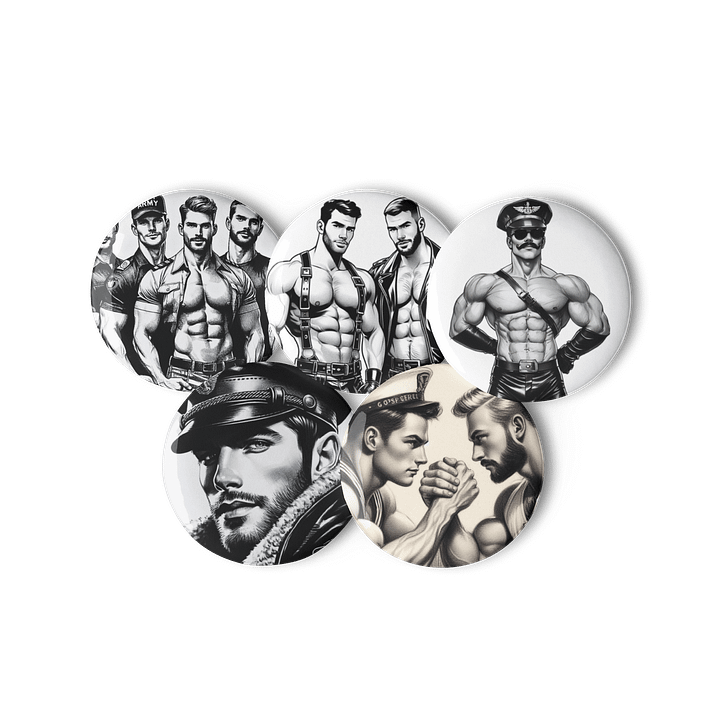 Heritage Gay Leather 5 Button Pin Set – Tom of Finland Tribute Gay Pride Graphic Design Button Pins product image (2)