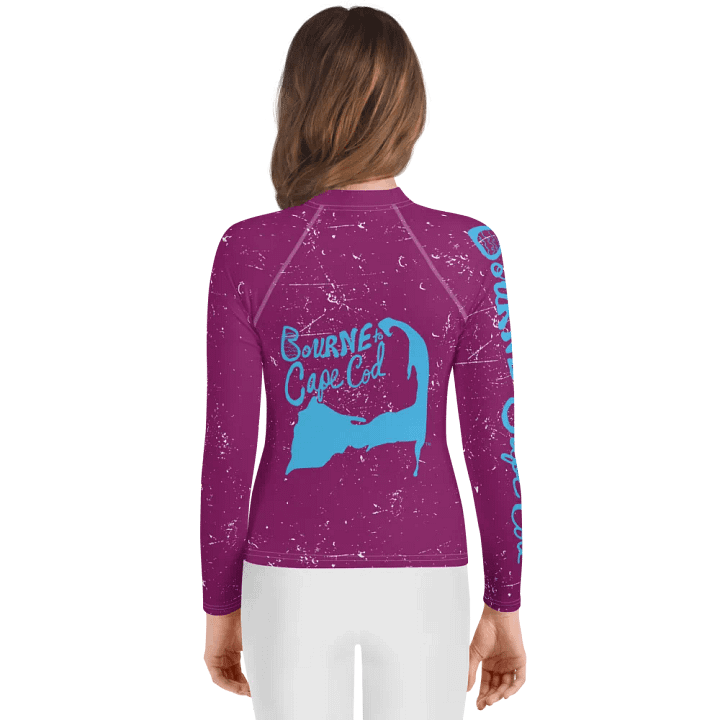 Girls' | YOUTH | Rash Guard | BRN.2C.C.™ Front Graphic | BOURNE to Cape Cod™ Sleeve & Back Logo | Coastal Swim Shirt for Kids | UV Protection Activewear | Blue Logo on Distressed Purple product image (2)