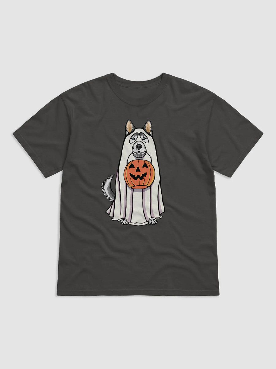 Funny Halloween Siberian Husky T-Shirt | Funny Husky Wearing a Ghost Costume and Holding a Pumpkin Basket product image (4)
