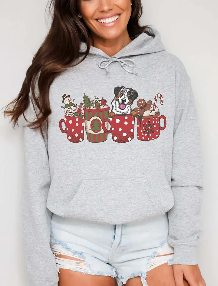 Cute Australian Shepherd(Blue Merle) in a Christmas Cup Hooded Sweatshirt | Funny Christmas Aussie Pup in a Cup product image (1)