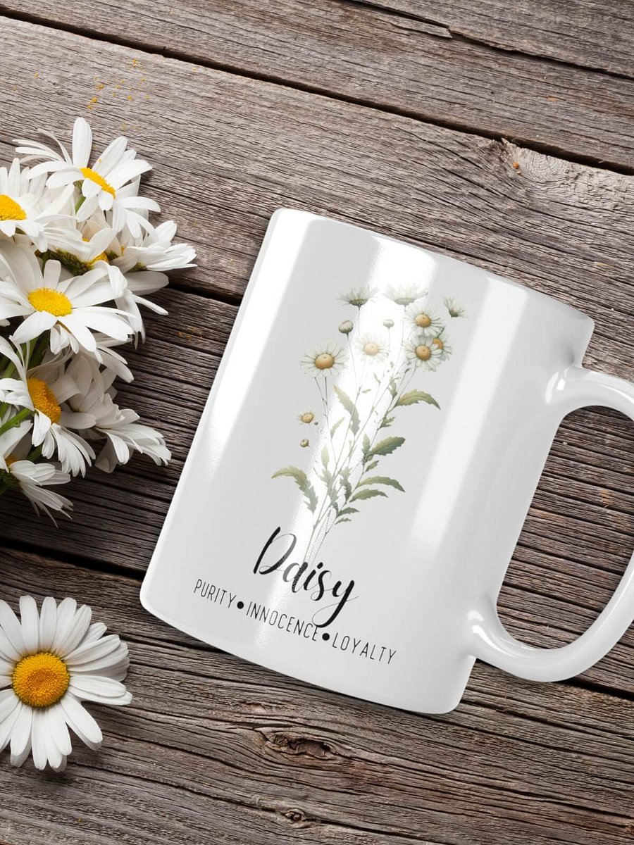 Daisy Ceramic White Mug: Purity, Innocence, Loyalty April Birth Month Flower product image (2)