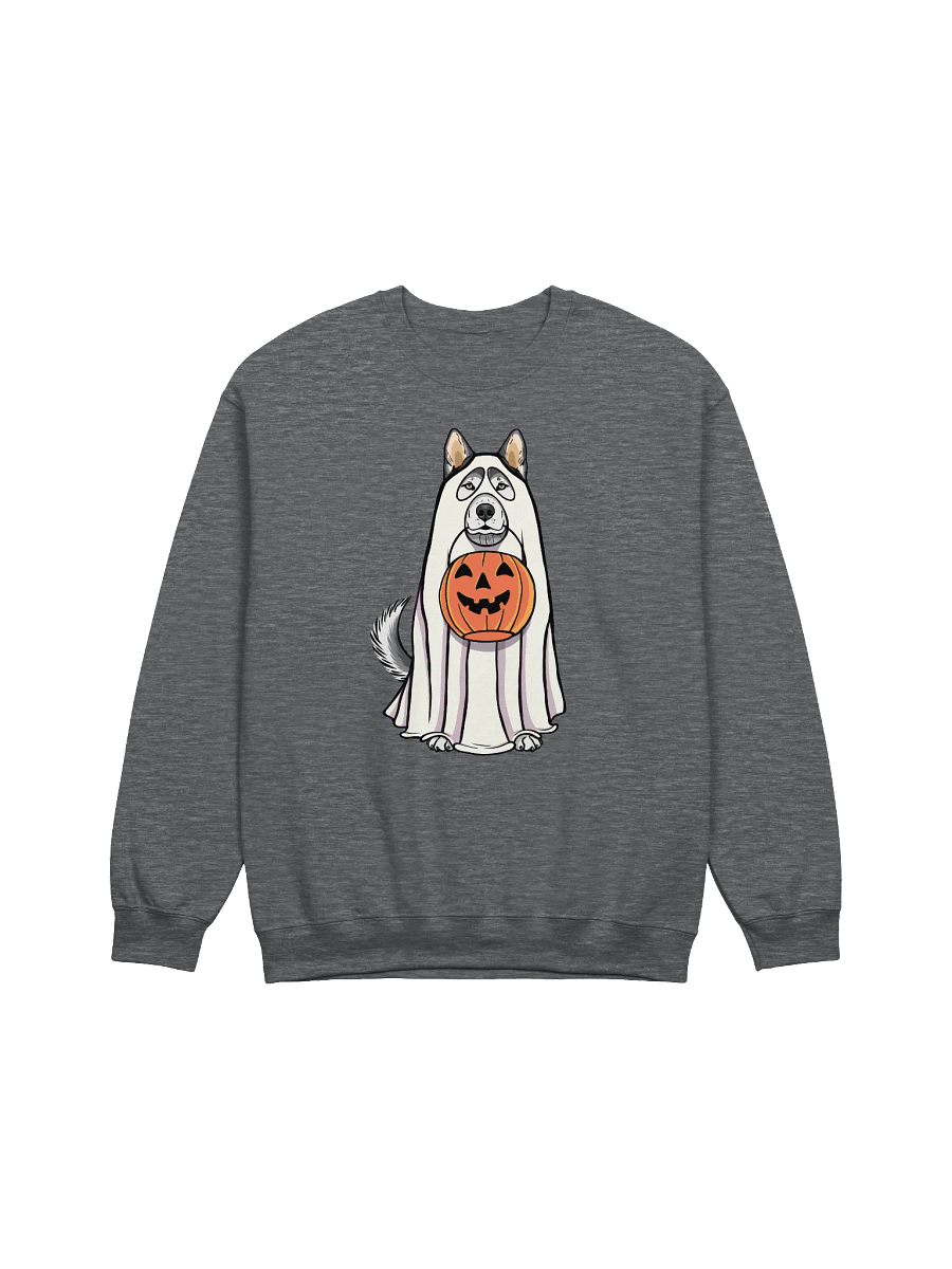 Funny Halloween Siberian Husky Sweatshirt | Funny Husky Wearing a Ghost Costume and Holding a Pumpkin Basket product image (7)