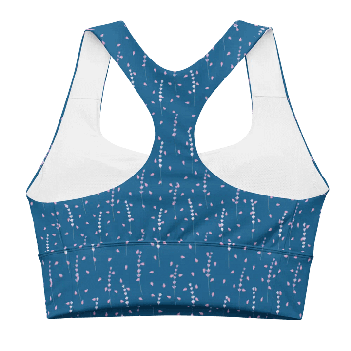 longline sports bra in teal with fine lavender print. product image (1)