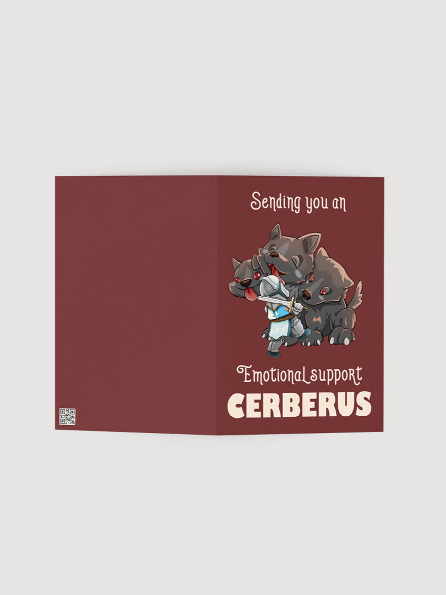 Emotional Support Cerberus & Knight greeting card, cute gift for RPG players, fantasy fiction enthusiasts, and dog lovers product image (2)