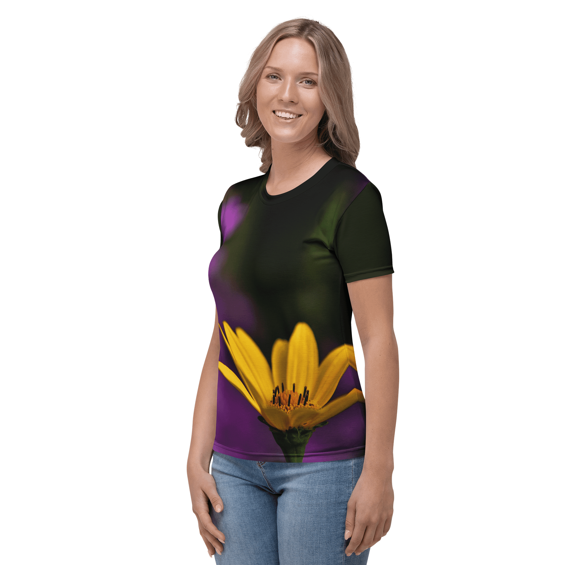 Damen T-Shirt mit Rundhalsausschnitt - Leuchtend gelbe Blüte mit violettem Hintergrund product image (3)