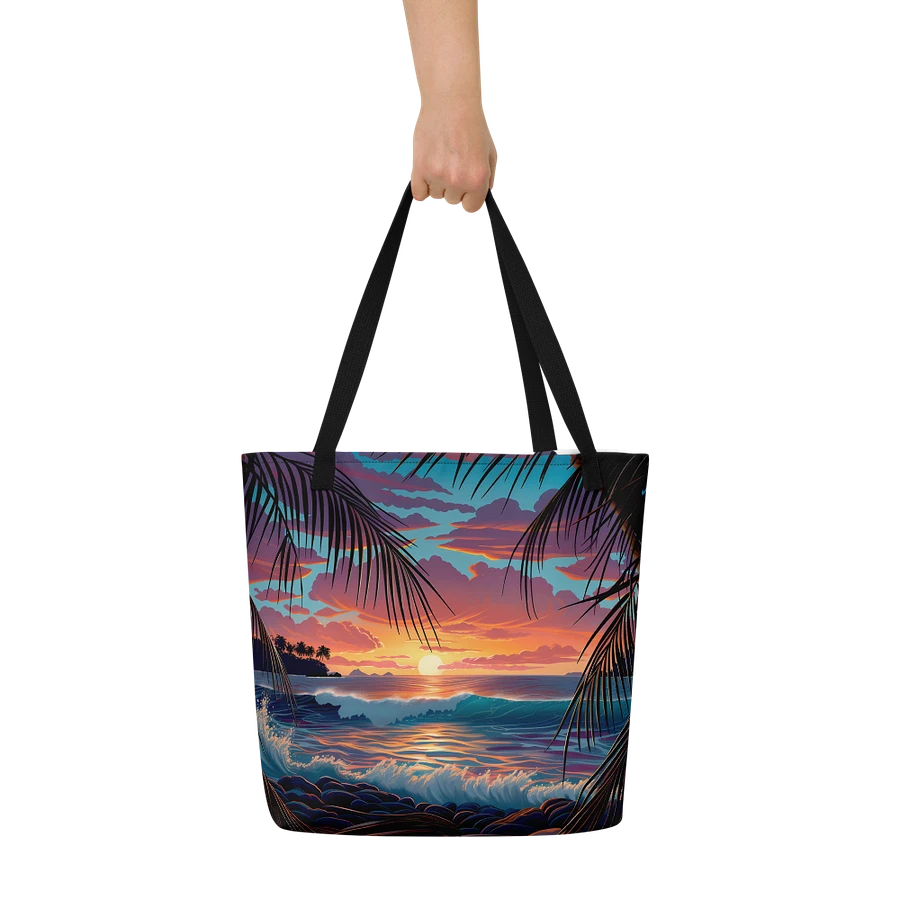 Tote Bag: Tropical Beach Sunset Swaying Palm Tree Leaves Ocean Waves Seascape Design product image (6)