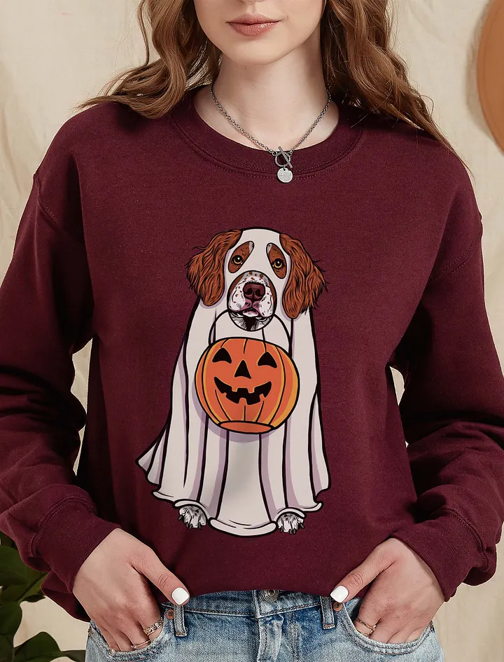 Funny Halloween Brittany Spaniel Sweatshirt | Funny Brittany Spaniel Wearing a Ghost Costume and Holding a Pumpkin Basket product image (10)