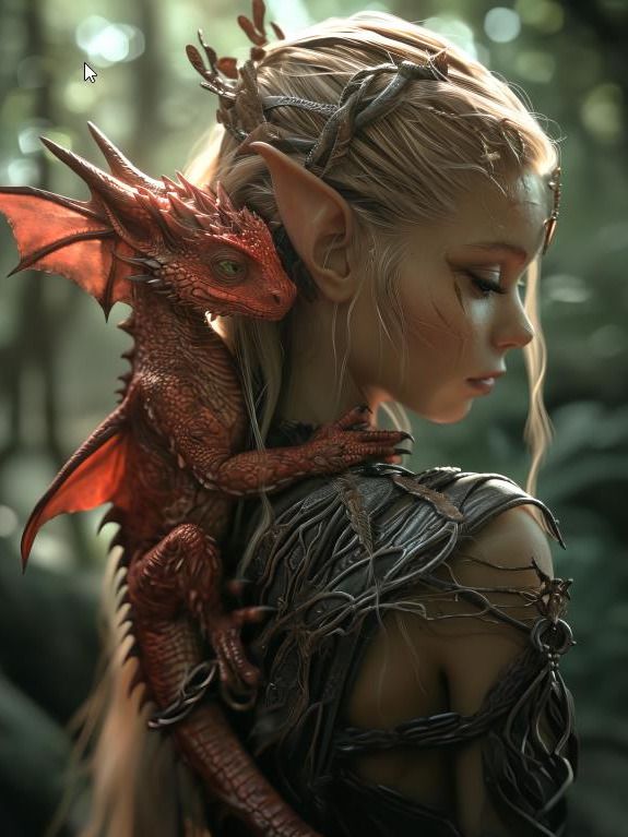 Young elf with her small dragon on the back - Digital download product image (1)
