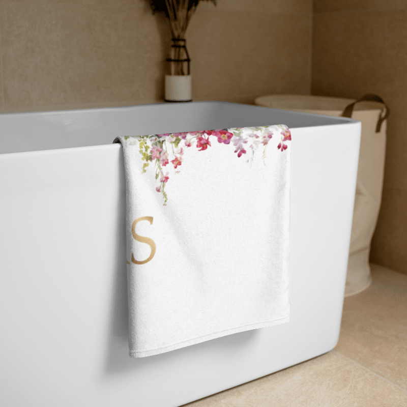 MR & MRS FLORAL TOWEL – 30"x60", COTTON TERRY BACK, WEDDING GIFT WITH BLOOMING DETAIL product image (2)