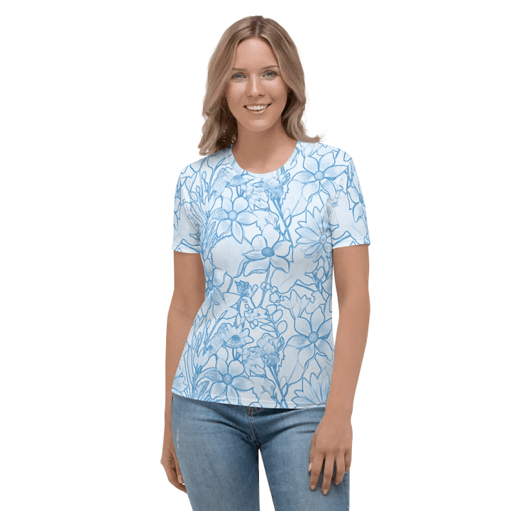 Line art Blue and White Floral/All-Over Print Women's Crew Neck T-Shirt by Sublicolor product image (2)