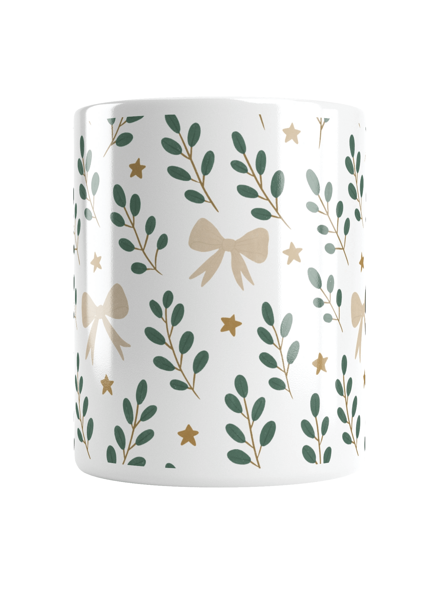 White glossy mug ribbons & stars botanical Christmas. Elegant botanical holiday mug product image (18)