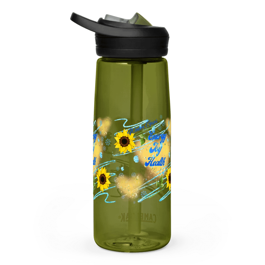 Camelback water bottle   with beautiful sunflowerr blue water drops  featuring ' This water gives Harmony in Body and Mind