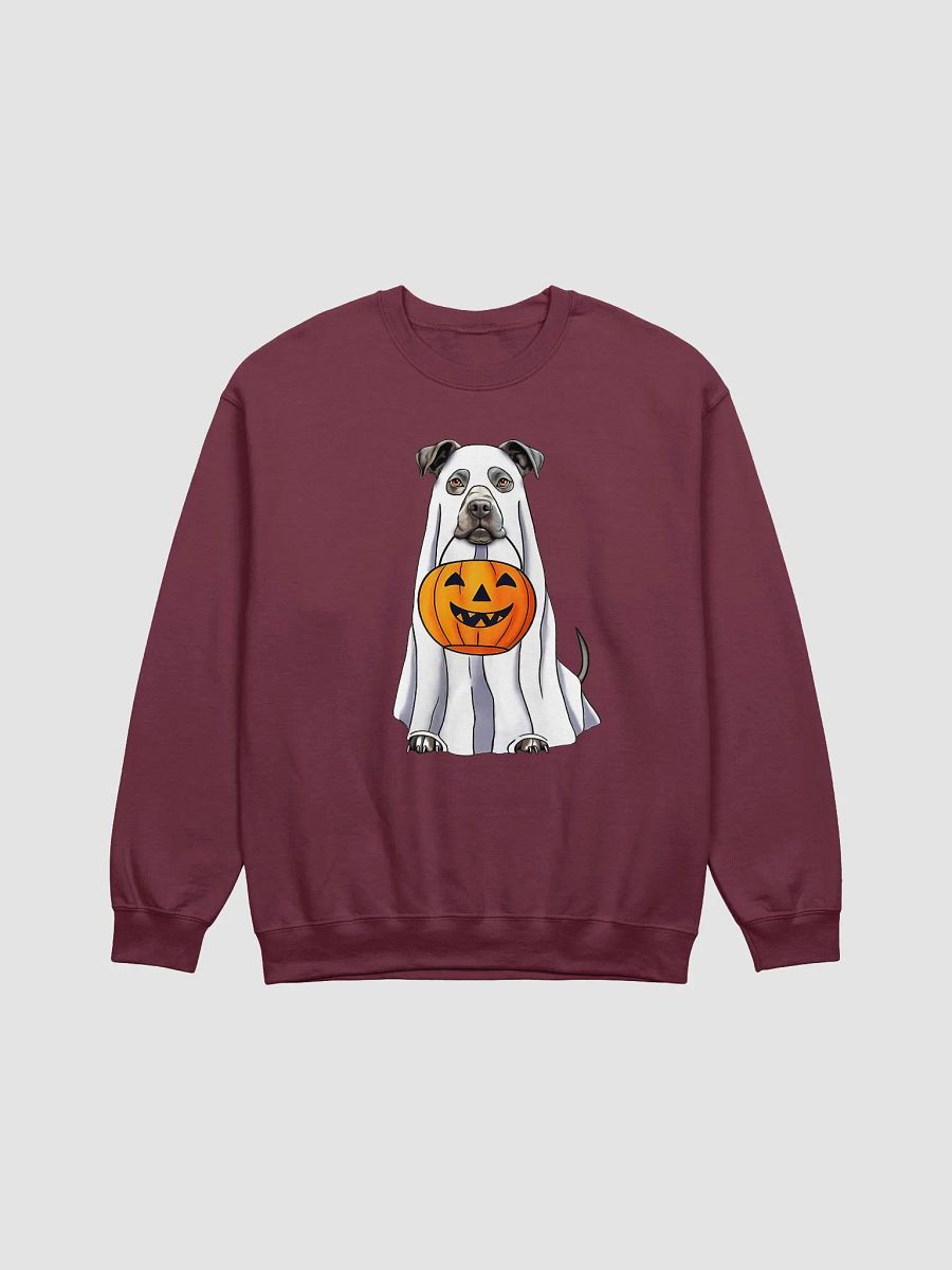 Pitbull(Blue/Gray) Halloween Sweatshirt | Funny Halloween Staffordshire Wearing a Ghost Costume with Pumpkin Basket product image (16)