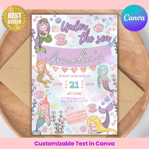 Customized Text Mermaid Birthday Invitation - Canva product image (1)