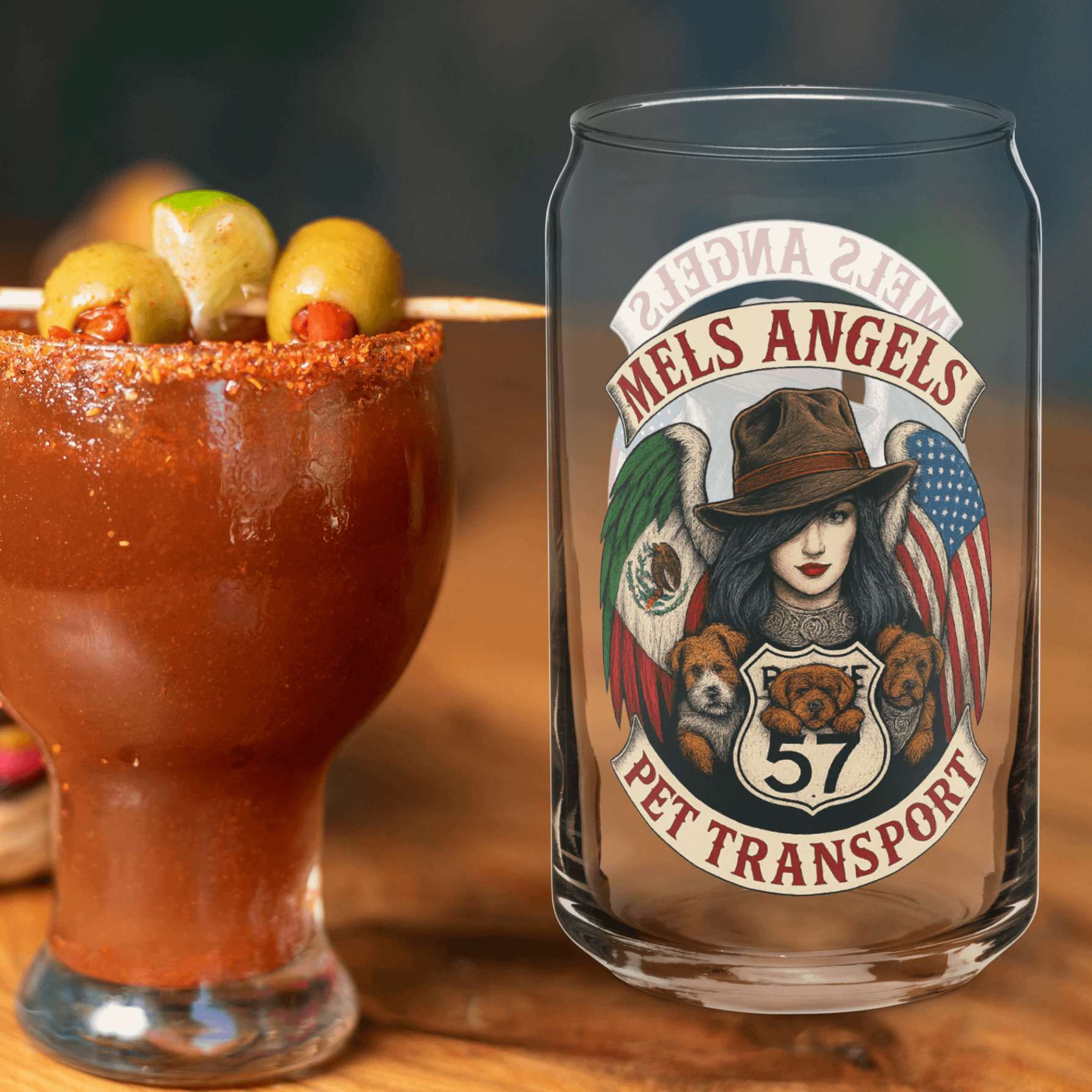 Mels Angels Pet Transport Can-Shaped Glass – Mexican American Route 57 Design product image (1)