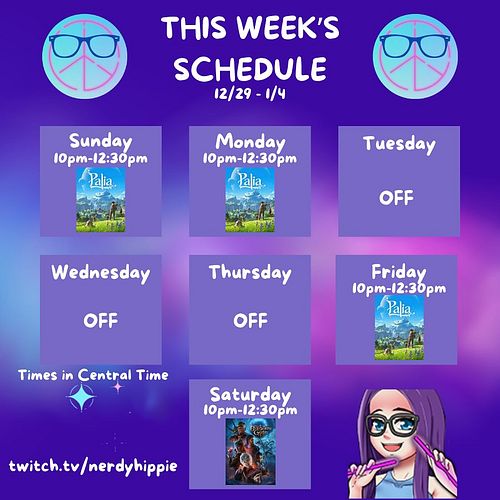 This week’s schedule everyone! Cause of New Year’s Eve, I won’t be streaming on Tuesday. Its also Palia drops week so I’m str...
