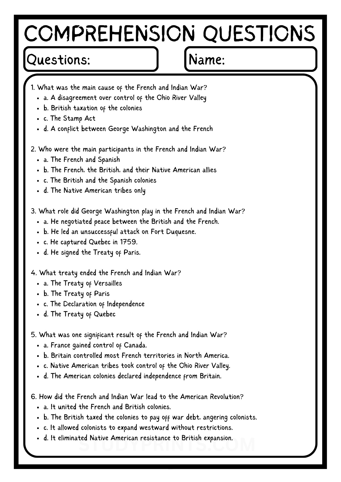 french and indian war Reading Comprehension Worksheet WITH 6 QUESTIONS PDF product image (3)