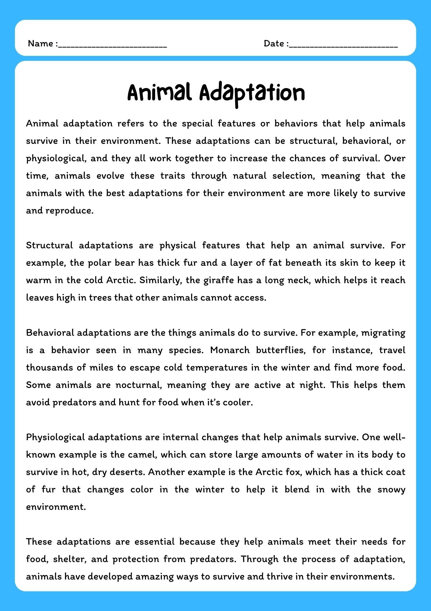 Animal Adaptation Reading Passage with Comprehension Questions product image (1)