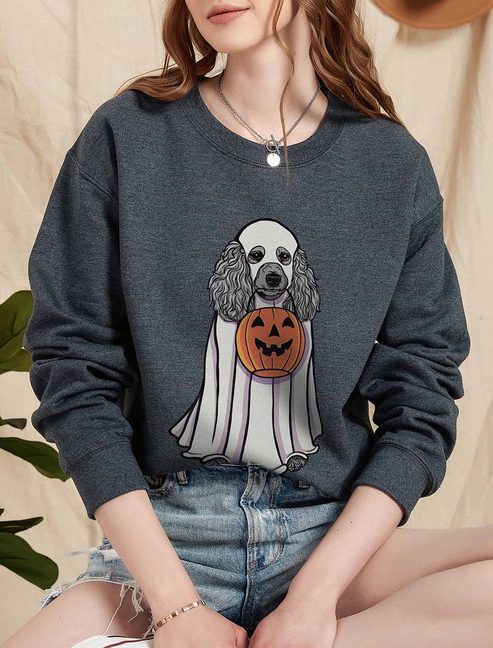 Funny Halloween Poodle(Silver) Sweatshirt | Funny Papillon Wearing a Ghost Costume and Holding a Pumpkin Basket product image (5)