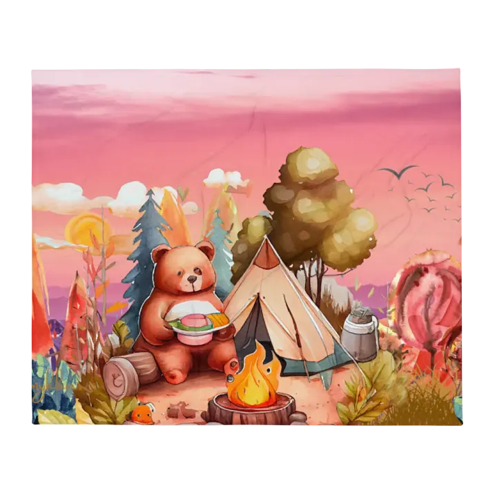Camping Bear Throw Blanket | Cozy Jungle Campfire Scene | 2 Size Options product image (1)