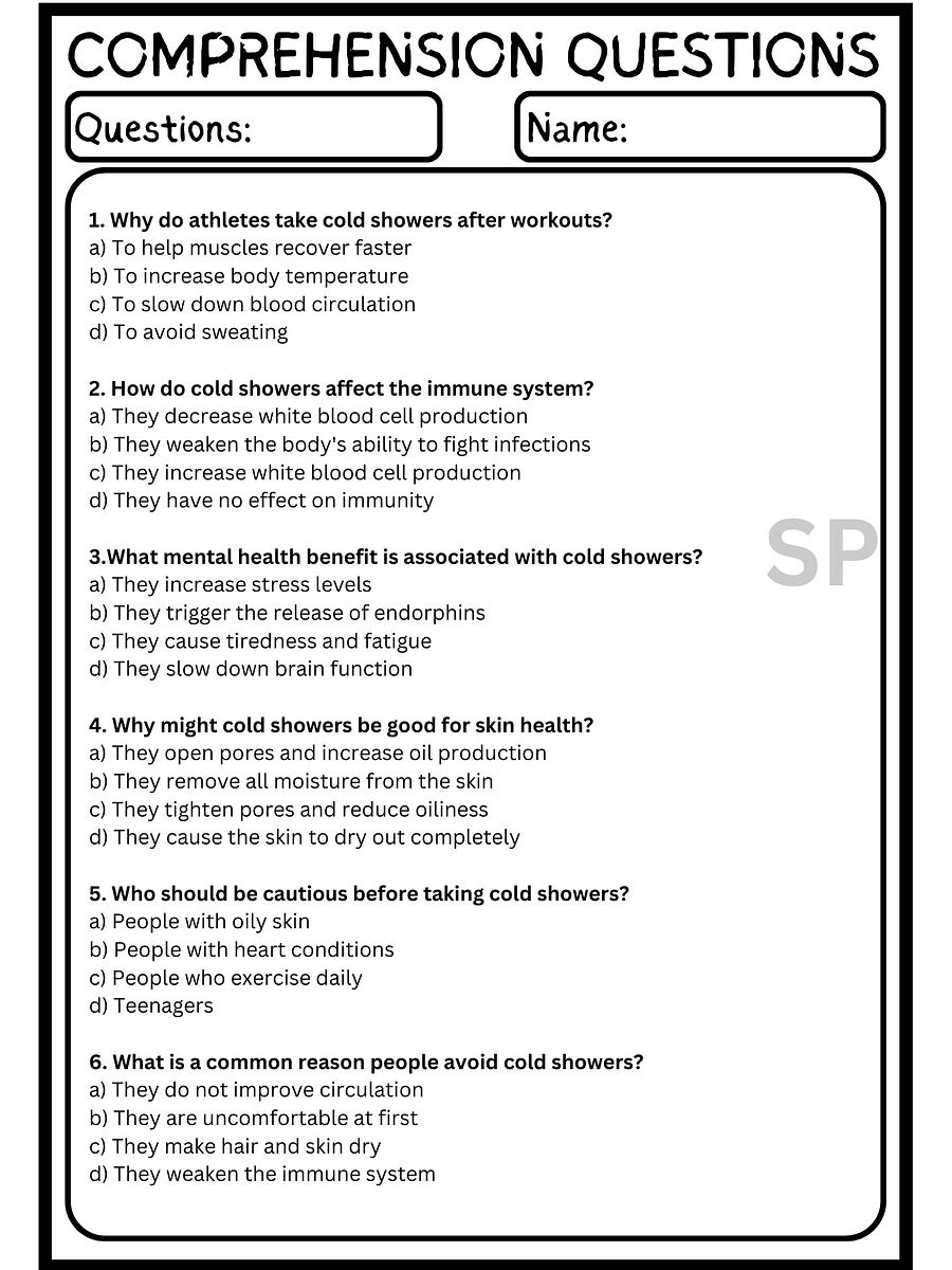 Cold Shower Benefits Reading Comprehension with Multiple-Choice Questions product image (3)