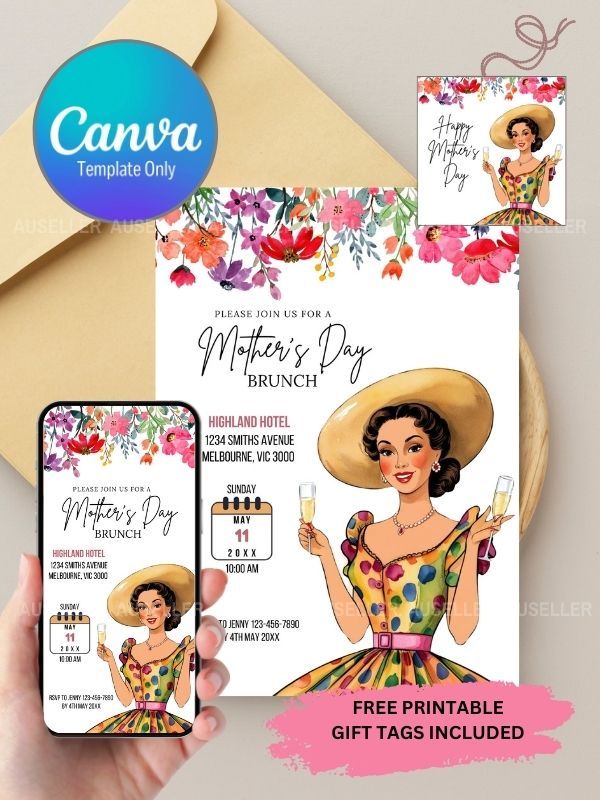 Mother's Day Brunch Invitation Bundle - Lady In Coloured Spotted Dress product image (1)