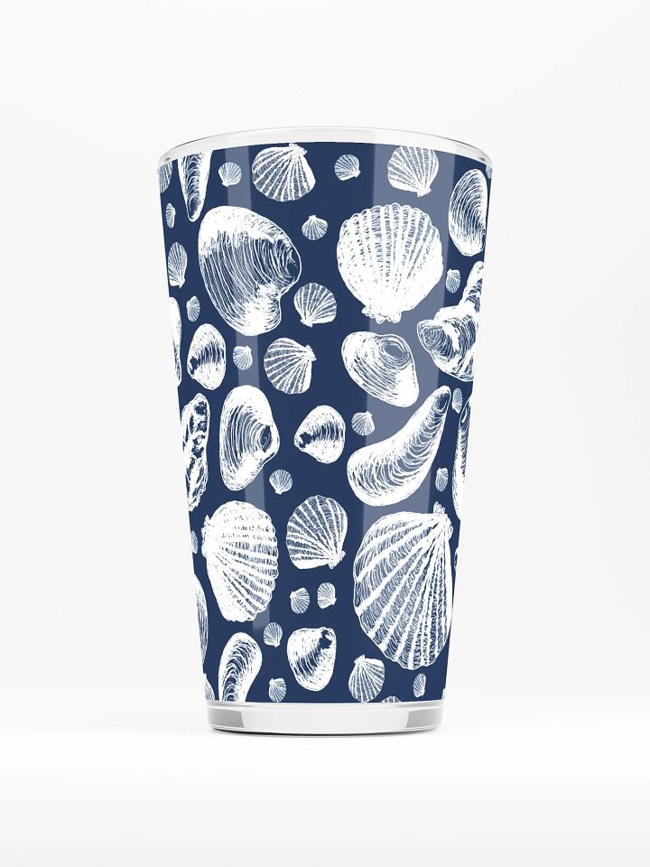 New England Tidal Treasures | | White on Dark Blue | Coastal Shell Repeat | Shaker Pint Glass by Monique Faella Designs™ Shell Yeah, It’s Sip Time 🐚🍺🌊 product image (2)