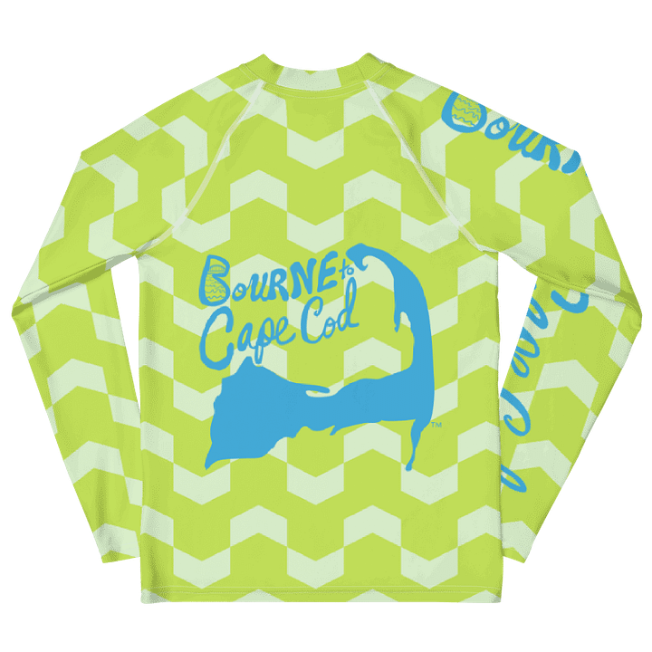 YOUTH | Rash Guard | BRN.2C.C.™ Front Graphic | BOURNE to Cape Cod™ Sleeve & Back Logo | Coastal Swim Shirt for Kids | UV Protection Activewear | Blue Logo | Citrine Green Abstract product image (2)