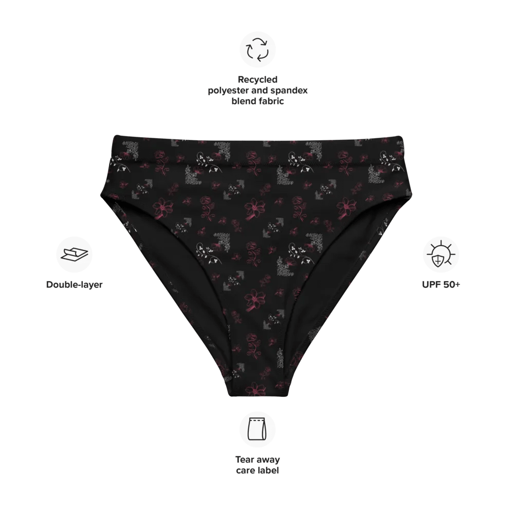 Magenta and White Flowers on Black Eco-Green Bikini Swimsuit Bottoms product image (8)