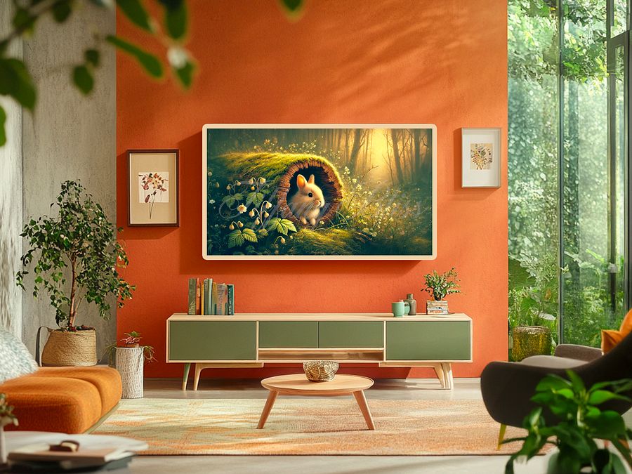 Spring TV Art, Bunny in a Log Forest Painting, nature, green, flowers, Screensaver, Wallpaper, Digital Download product image (3)