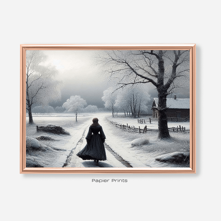 Winter's Serenity: Vintage Oil Painting of Woman Walking in Forest product image (1)