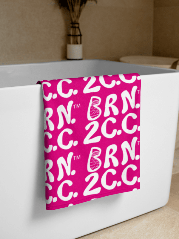 BRN.2C.C.™ | Coastal Classic Beach Towel | All-Over Logo Print | Vibrant Colors for Salty Souls | White Logo on Brilliant Rose product image (2)