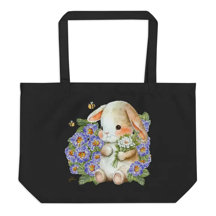 Garden Whispers: Bunny and the Primula Zebra Blues Organic Cotton Tote Bag (Large) - Eco-Friendly, Durable, Stylish product image (2)