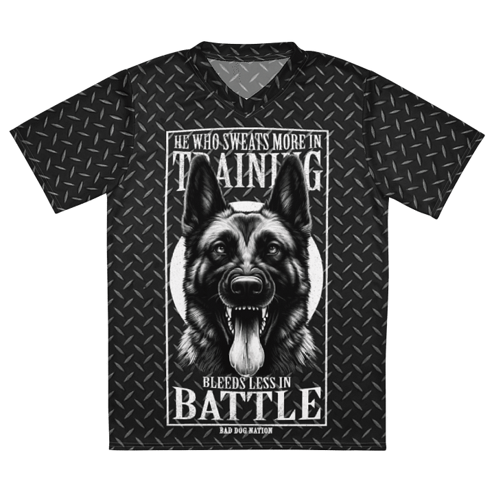 He Who Sweats More in Training Bleeds Less in Battle - Recycled unisex sports jersey product image (2)