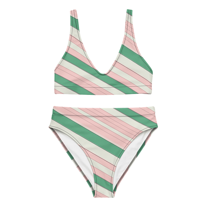 Diagonal Resort Stripes Green and Pink High-Waisted Bikini product image (1)