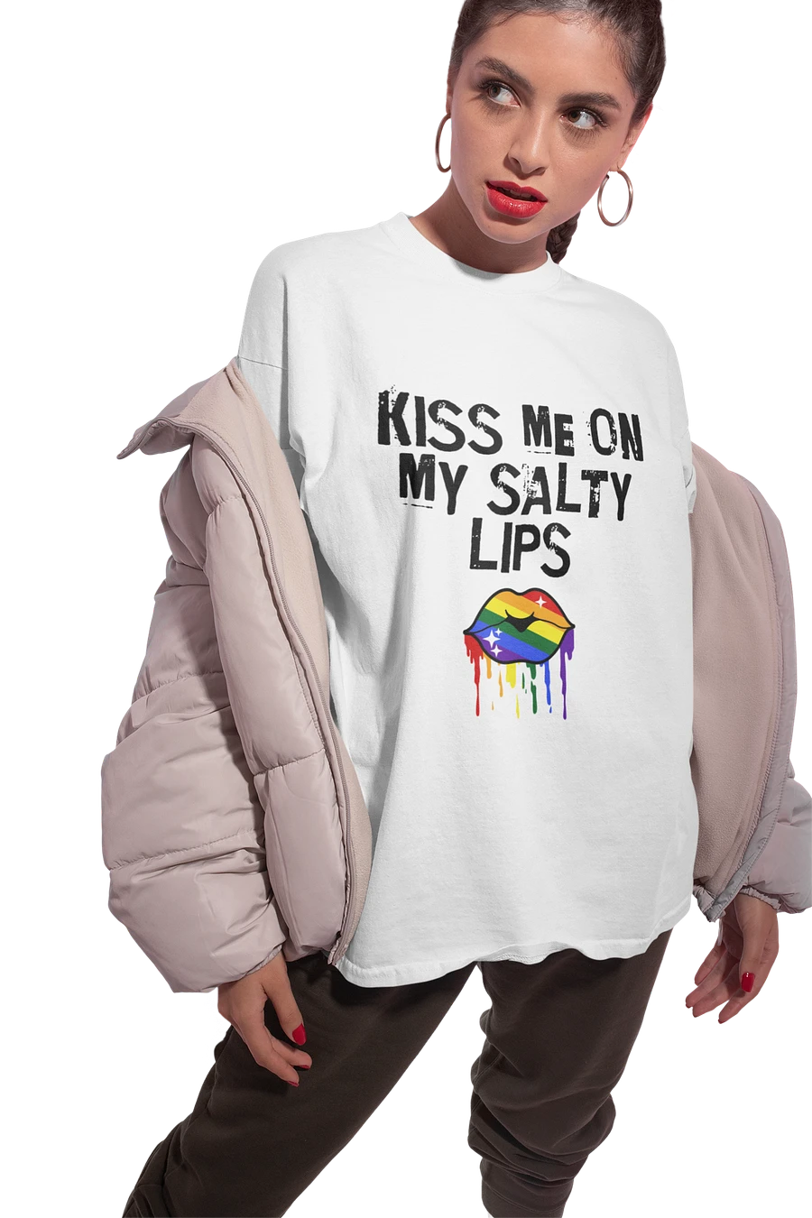 LGBTQ+ T-Shirt - Kiss Me On My Salty Lips Rainbow (White) product image (8)