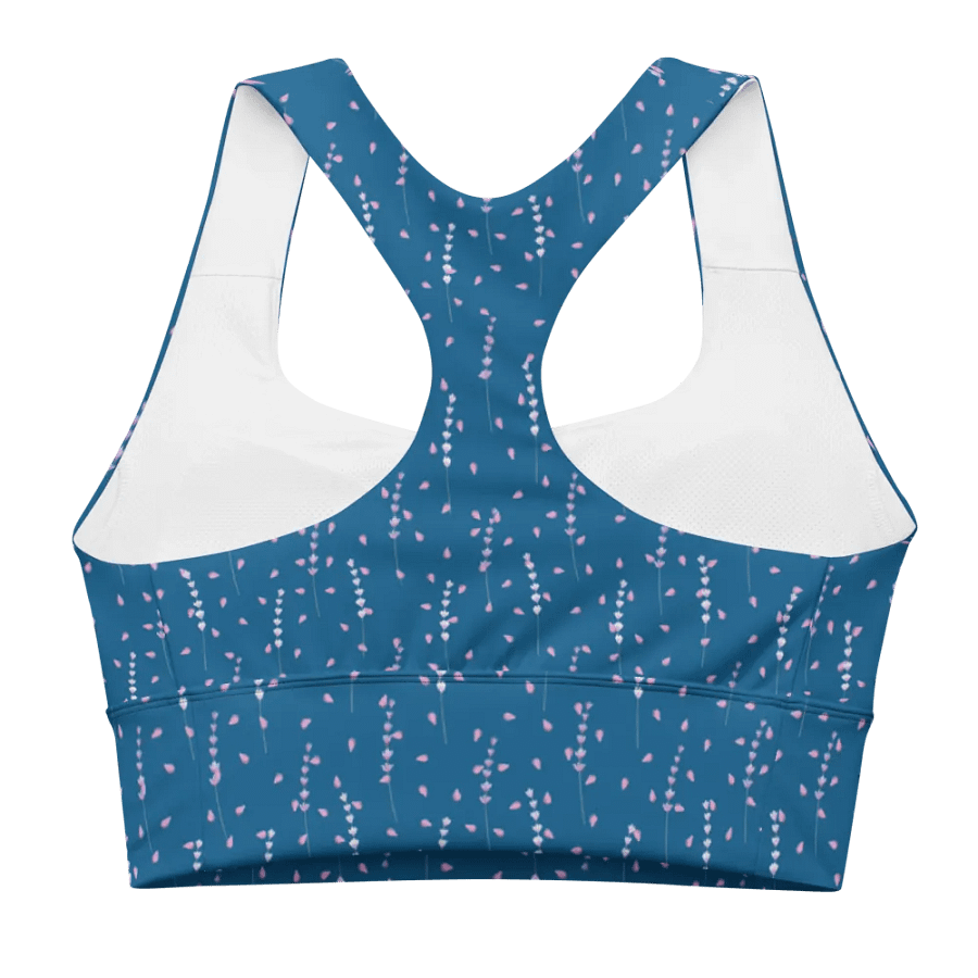 longline sports bra in teal with fine lavender print. product image (1)