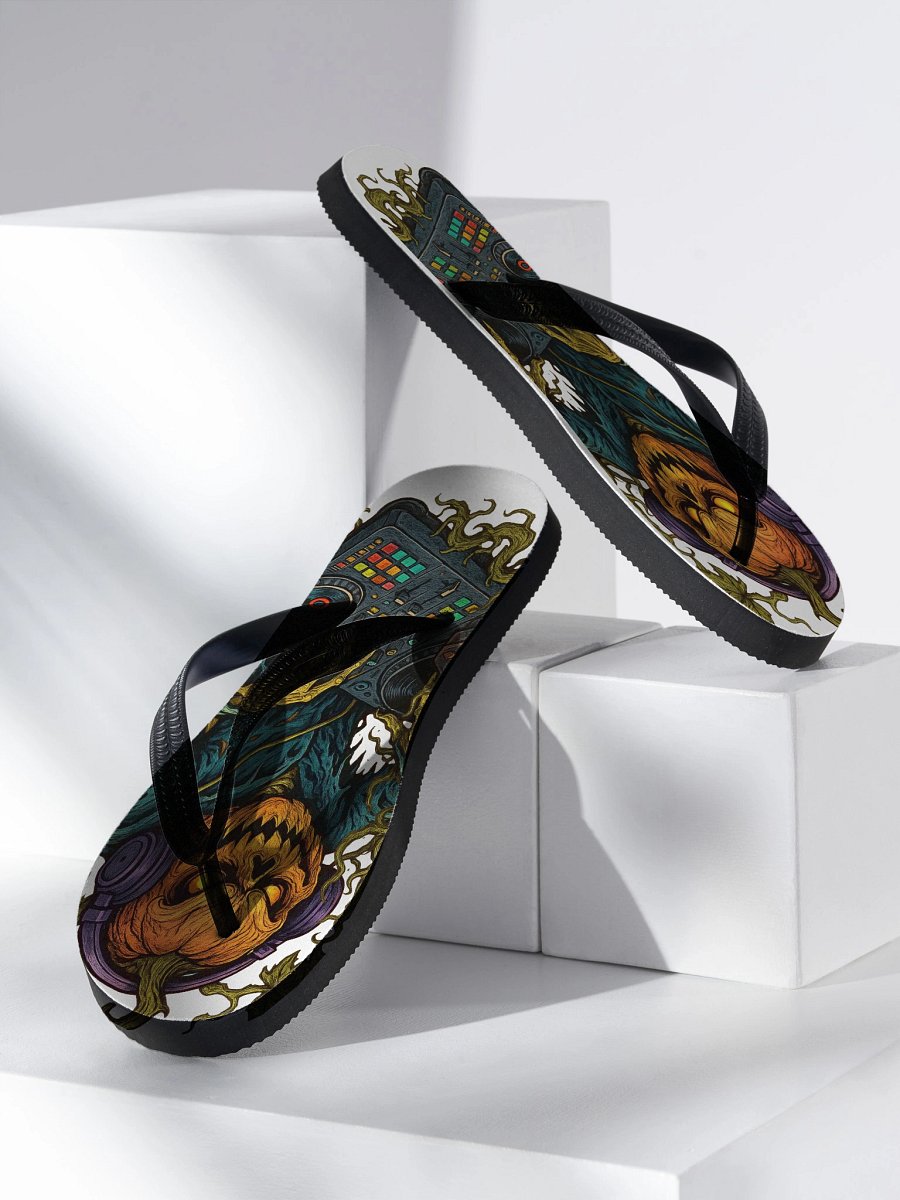 Theatrically Jerry: "DJ Jack-O-Lantern Spins Halloween Beats" Flip-Flops product image (2)