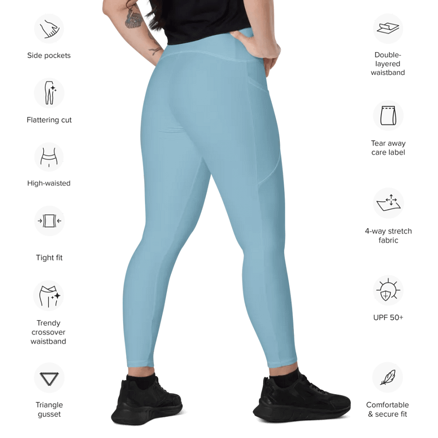 Plain Light Blue Soft Summer Women's High Waisted Premium Crossover Leggings with Pockets by Treasure Pie product image (11)
