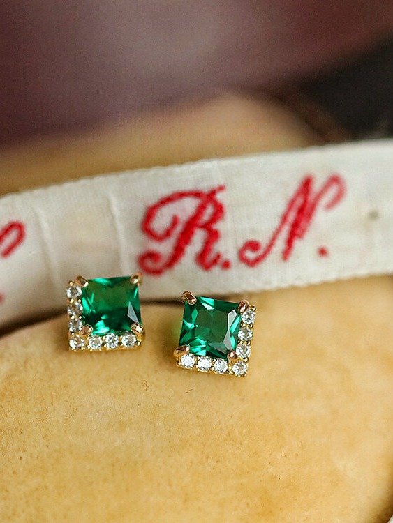 Green Princess-Cut Stud Earrings | 18K Gold Plated product image (3)
