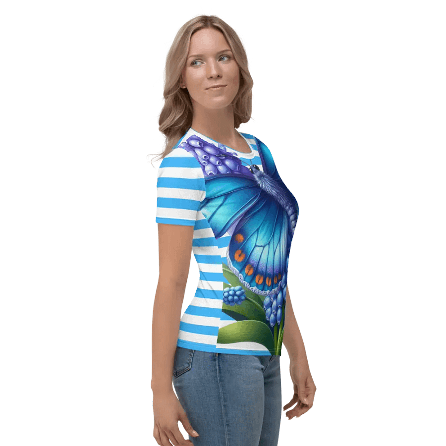Butterfly Bliss Blue Stripped All-Over Print Women's T-Shirt product image (4)