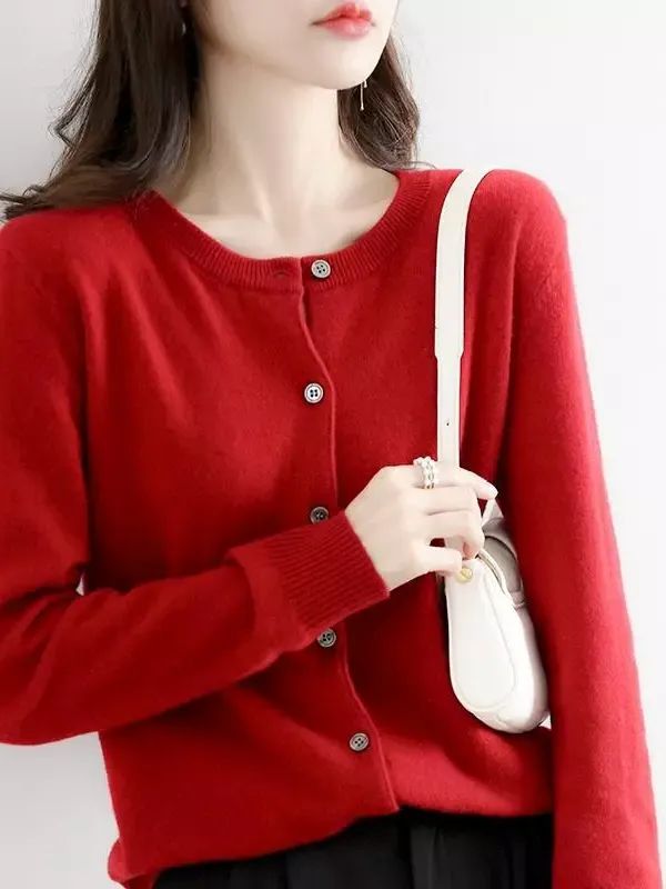Women's Cashmere Blend Cardigan Sweater Solid Color Simple Crew Neck Jacket Coat product image (1)
