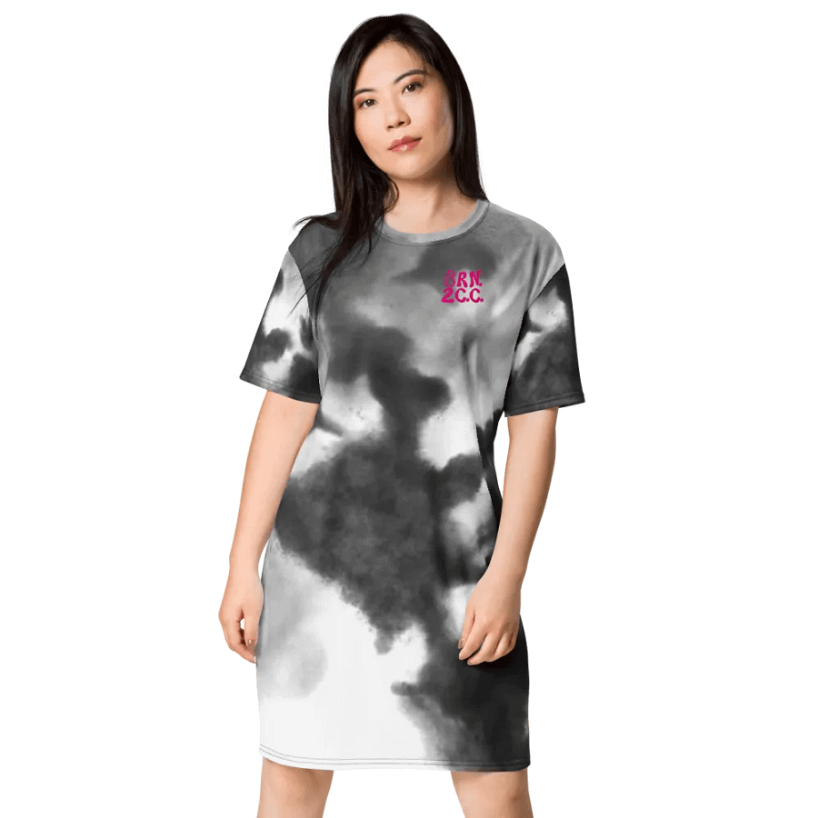 BOURNE to Cape Cod™ | Coastal Storm Clouds | T-Shirt Dress | Bright Pink Logos on Dark Gray and White Background product image (1)