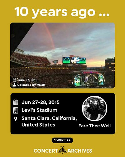 🎟 This Day in Concert History

June 27–28, 2015 — The Fare Thee Well shows began in Santa Clara, CA 🌹⚡

The surviving members...