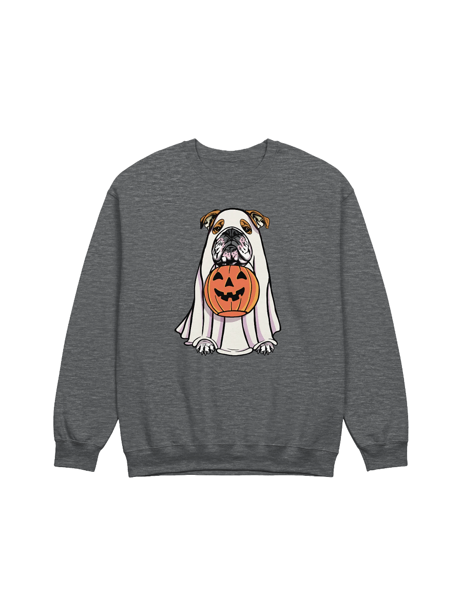 Funny Halloween English Bulldog Sweatshirt | Funny English Bulldog Wearing a Ghost Costume and Holding a Pumpkin Basket product image (7)