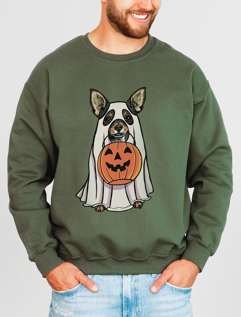 Funny Halloween Chihuahua(Tricolor) Sweatshirt | Funny Chihuahua Wearing a Ghost Costume and Holding a Pumpkin Basket